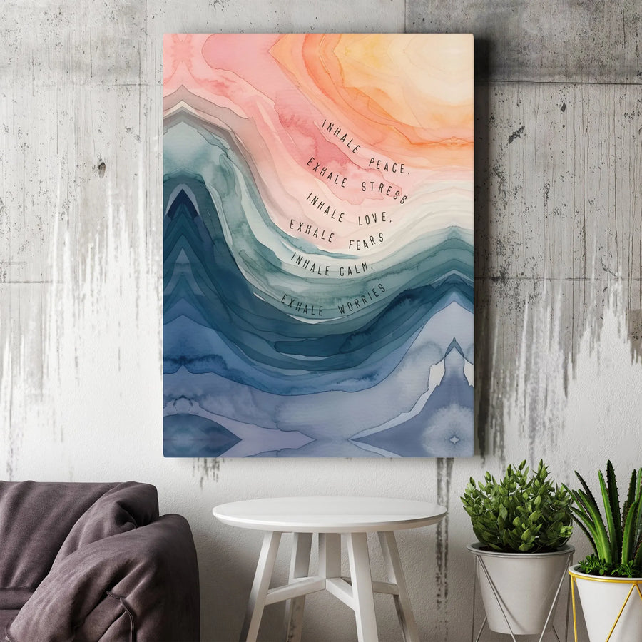 Inhale Peace Exhale Stress Wall Art | Abstract Watercolor Mindfulness Canvas | Premium Gallery-Wrapped Decor | Motivational Gift for Meditation Space