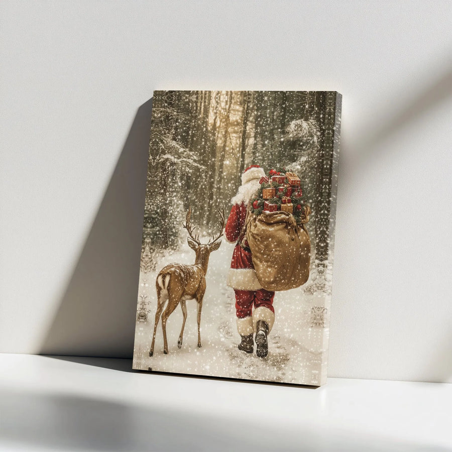 Santa Claus Wall Art | Snowy Forest Reindeer Christmas Canvas | Premium Gallery Wrap Decor | Festive Holiday Gift for Home