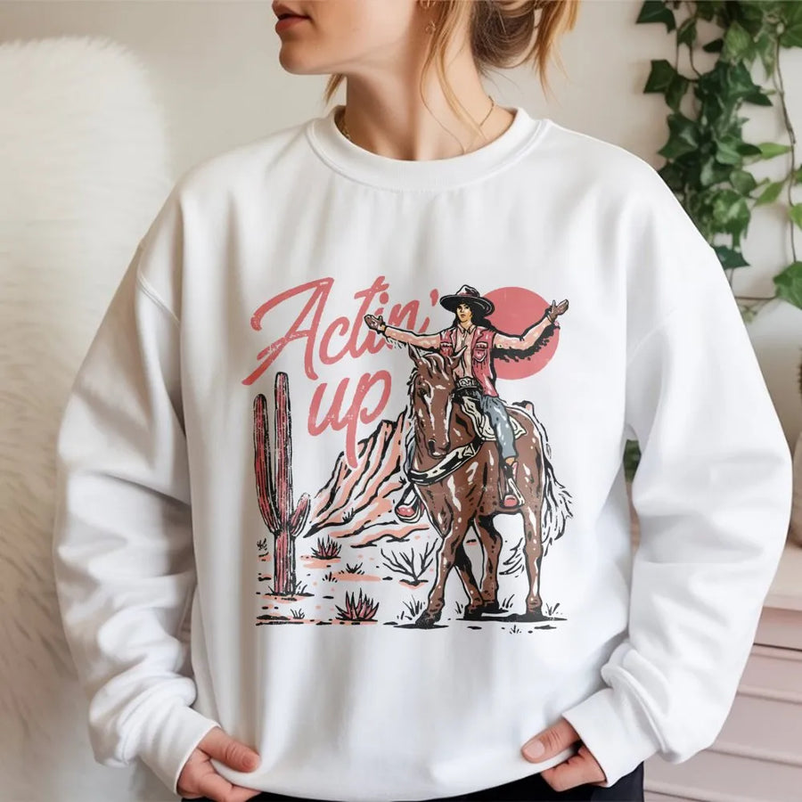 Western Cowgirl Sweatshirt | Retro Rodeo Actin' Up Graphic Design | Premium Cotton Blend | Country Concert Apparel for Women