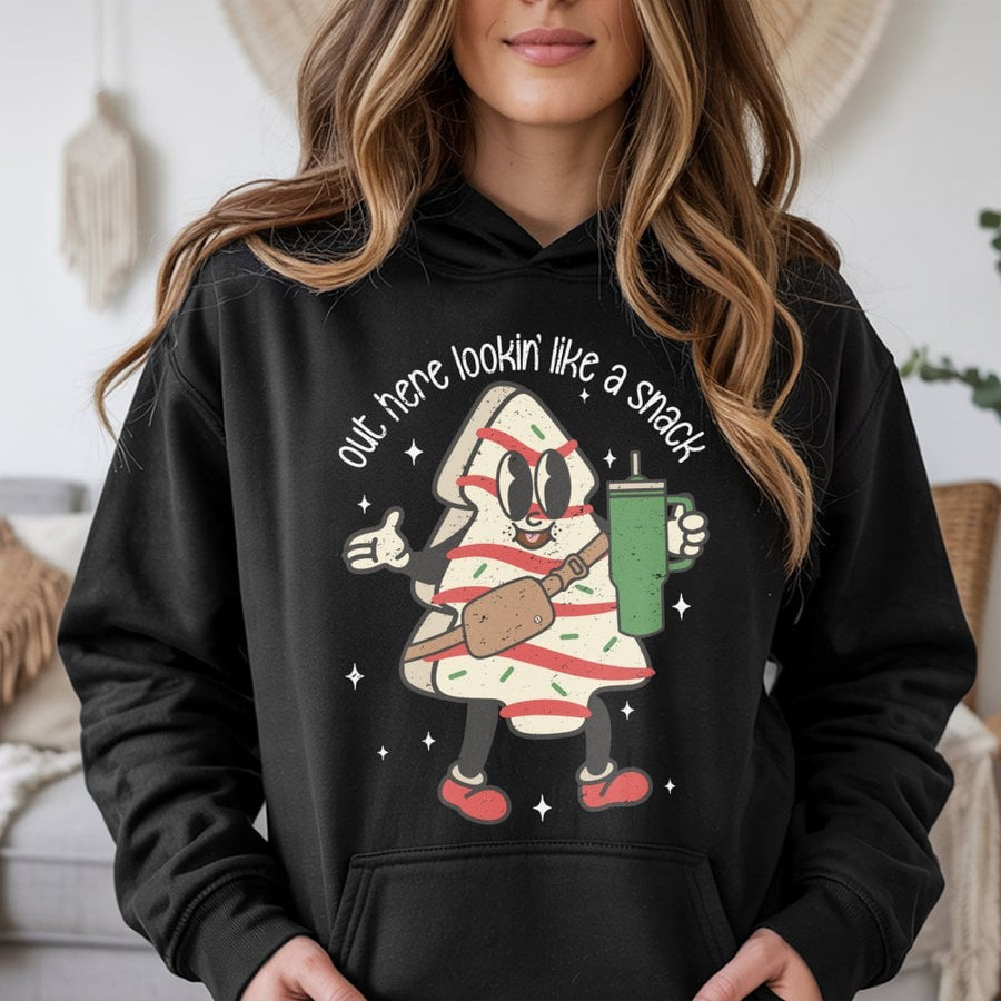 Christmas Tree Cake Hoodie | Retro Snack Graphic Sweatshirt | Premium Cotton Blend | Funny Holiday Gift for Women and Teens