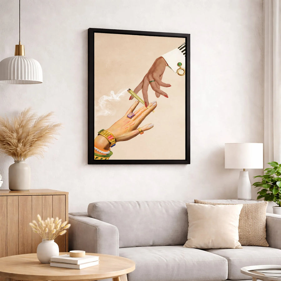 Marijuana Joint Hands Canvas Art | Retro Collage Aesthetic Wall Decor | Premium Fade-Resistant Print | Unique Boho Stoner Gift for Home