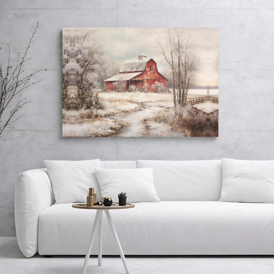 Rustic Red Barn Canvas Art | Snowy Countryside Winter Landscape | 1.25 Inch Gallery Wrap | Farmhouse Wall Decor for Home