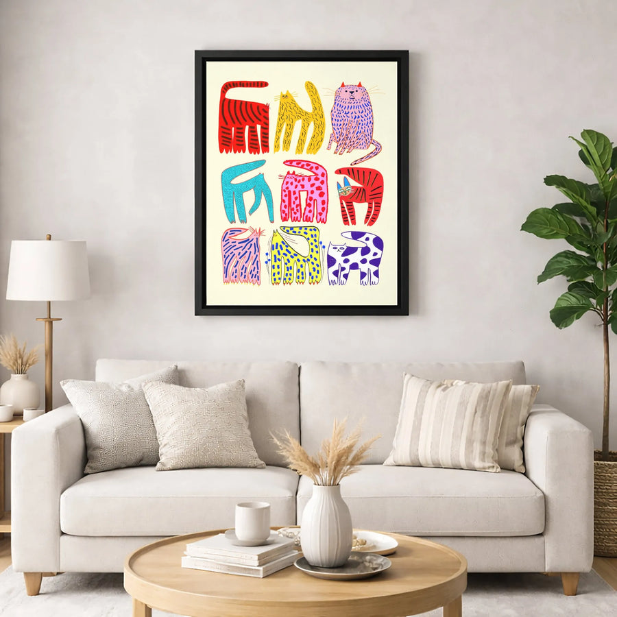 Colorful Whimsical Cat Art Print | Modern Abstract Feline Illustration | Premium Gallery Wrapped Canvas | Quirky Home Decor Gift for Cat Lovers