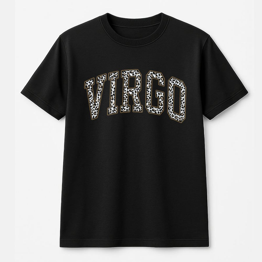 Virgo Zodiac T-Shirt | Leopard Print Varsity Lettering | 100% Cotton Premium Tee | Birthday Gift for Her and Astrology Lovers