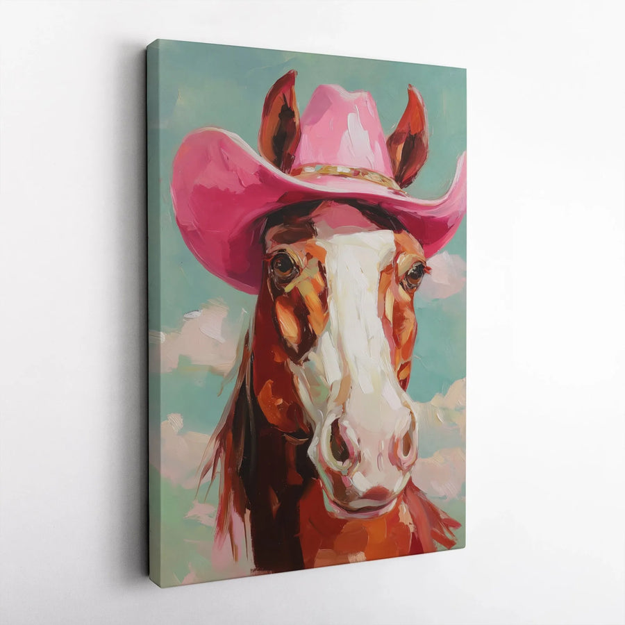 Cowgirl Horse Canvas Print | Pink Cowboy Hat Painterly Wall Art | Thick Gallery Wrapped Canvas | Western Home Decor Gift for Her