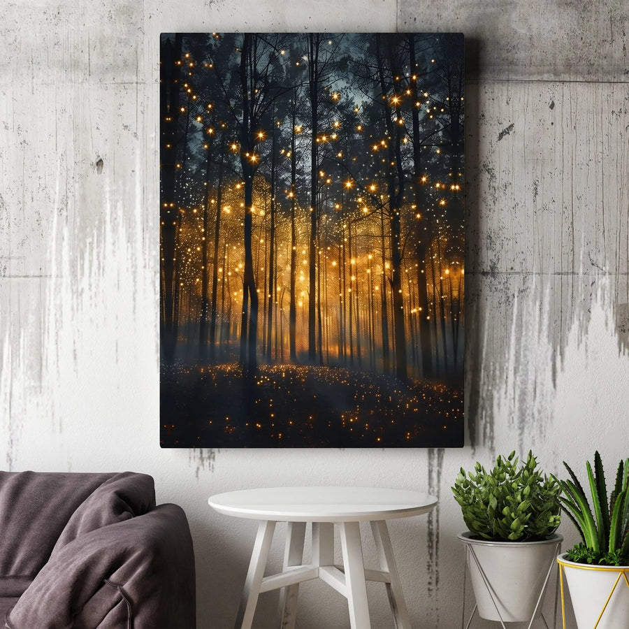 Enchanted Forest Canvas Print | Glowing Fairy Lights Wall Art | Premium 1.25-Inch Gallery Wrap | Whimsical Nature Decor For Home Or Office