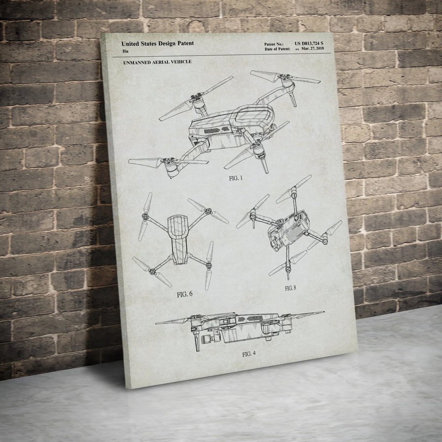 Drone Patent Art Canvas | Unmanned Aerial Vehicle Blueprint | Premium Gallery Wrap Print | Gift for Drone Pilot or Engineer