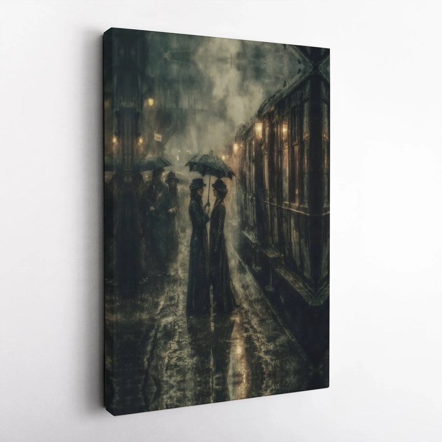 Victorian Rain Canvas Art | Moody Train Station Umbrella Scene | 1.25-Inch Gallery Wrap Print | Gothic Aesthetic Home Decor Gift