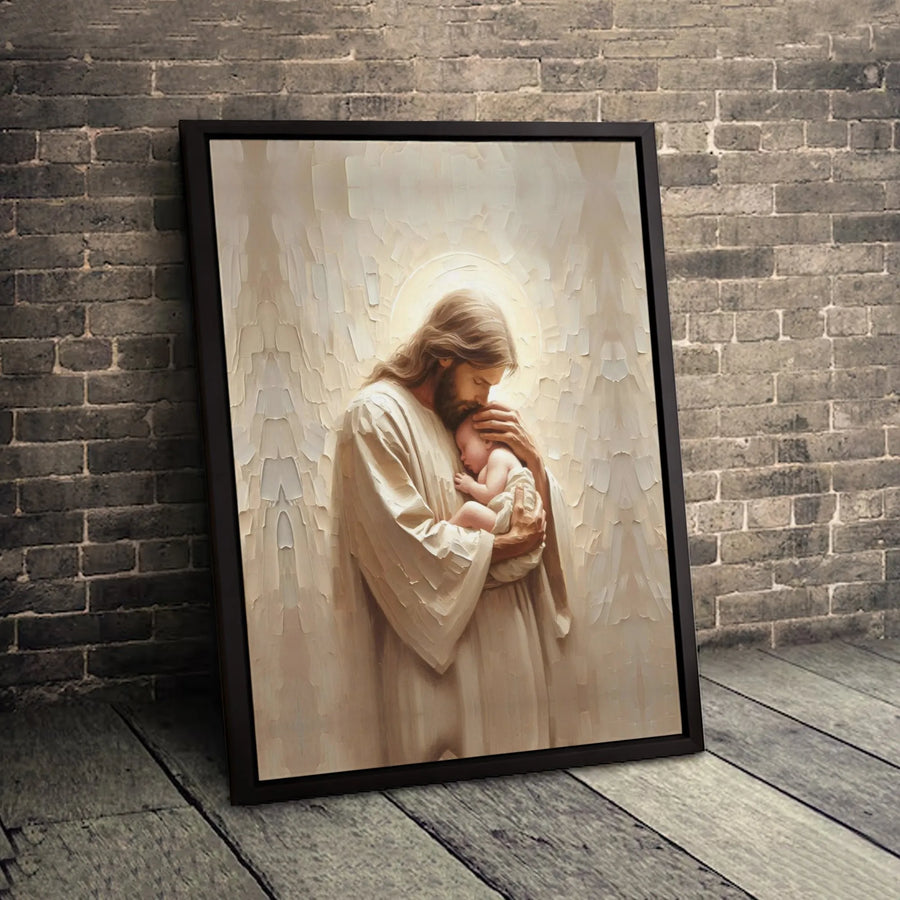 Jesus Holding Baby Canvas Art | Religious Wall Decor Painting | Premium Gallery Wrapped Print | Christian Nursery Gift For New Parents