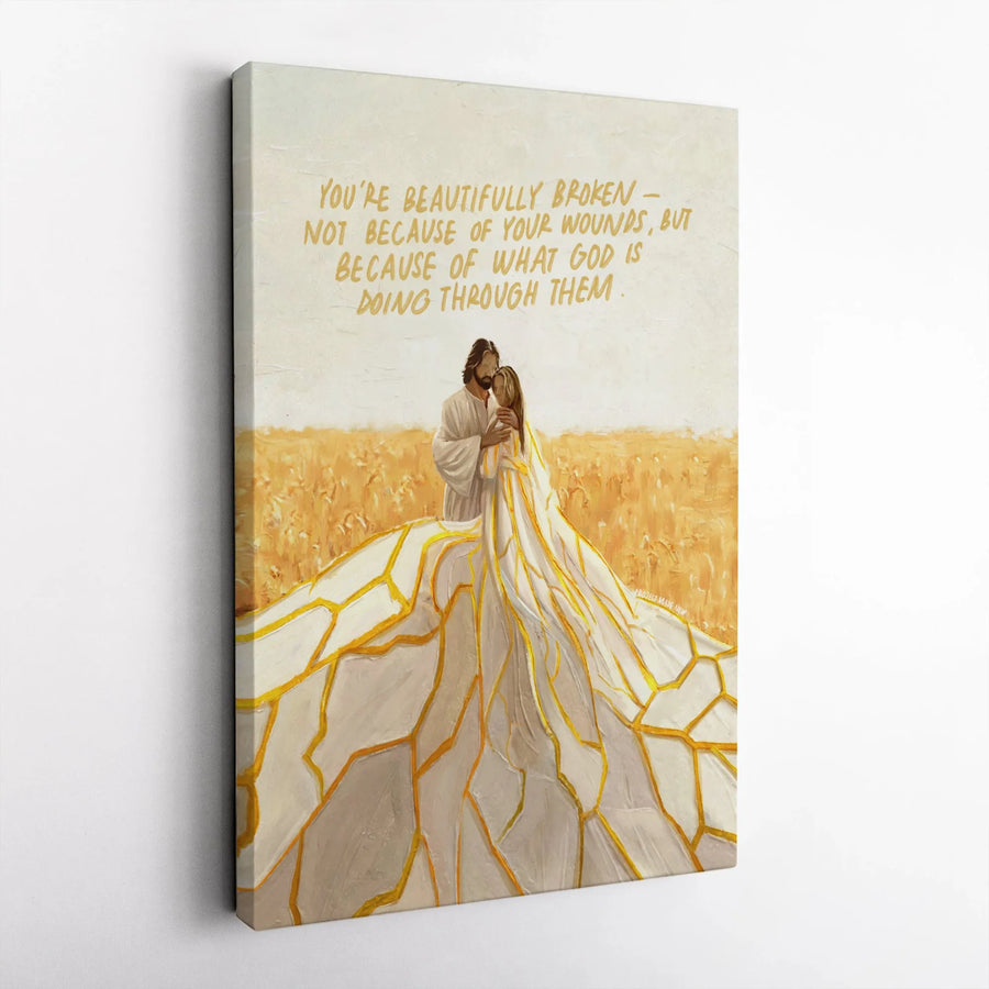 Jesus Hugging Woman Canvas Print | Beautifully Broken Quote Art | Premium Gallery Wrapped Canvas | Inspirational Christian Gift for Women