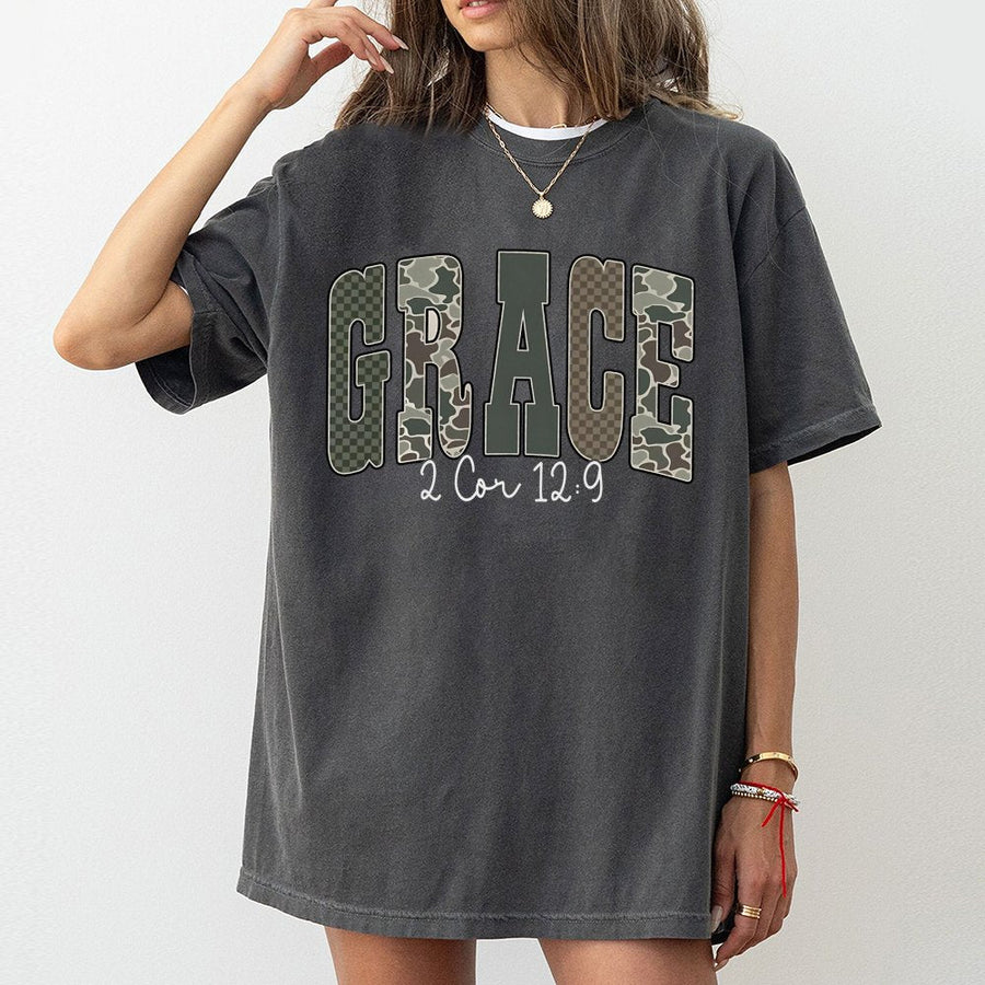 Grace Bible Verse T-Shirt | Camo Print Collegiate Lettering | 100% Cotton Premium Tee | Faith-Based Christian Gift for Women and Men