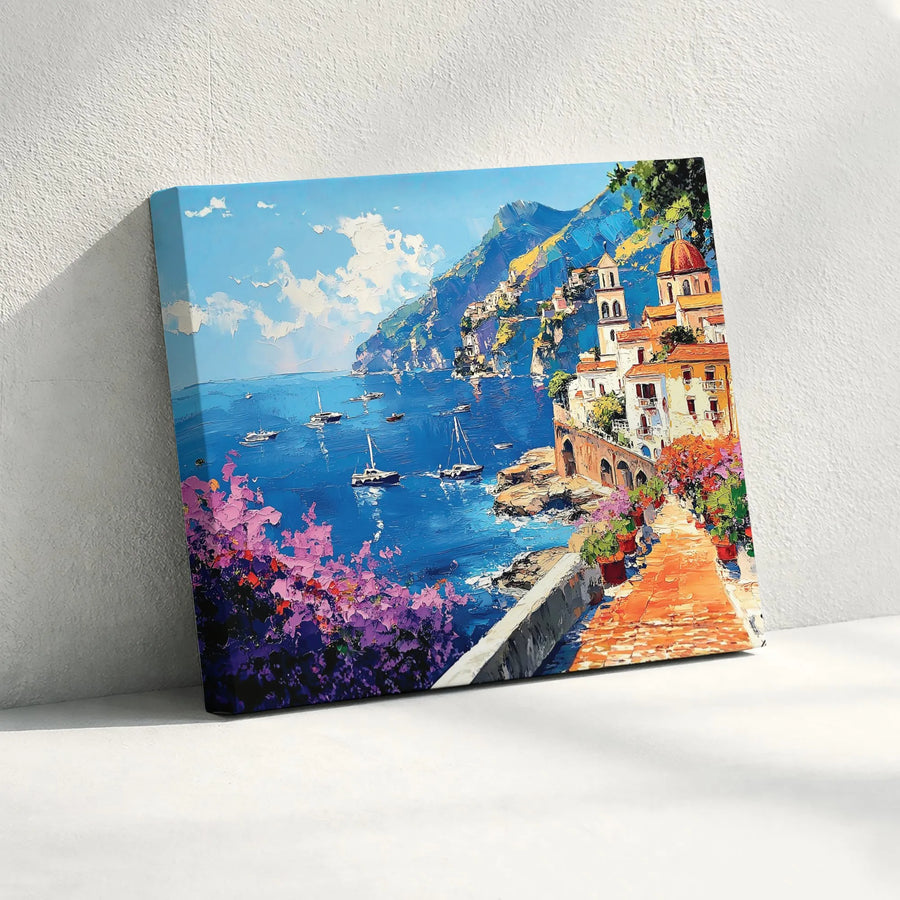Amalfi Coast Mediterranean Sea Horizontal Canvas | Vibrant Palette Knife Textured Oil Painting Print | Premium 1.25 Inch Gallery Wrap | Luxury Housewarming Gift for Travel Lovers