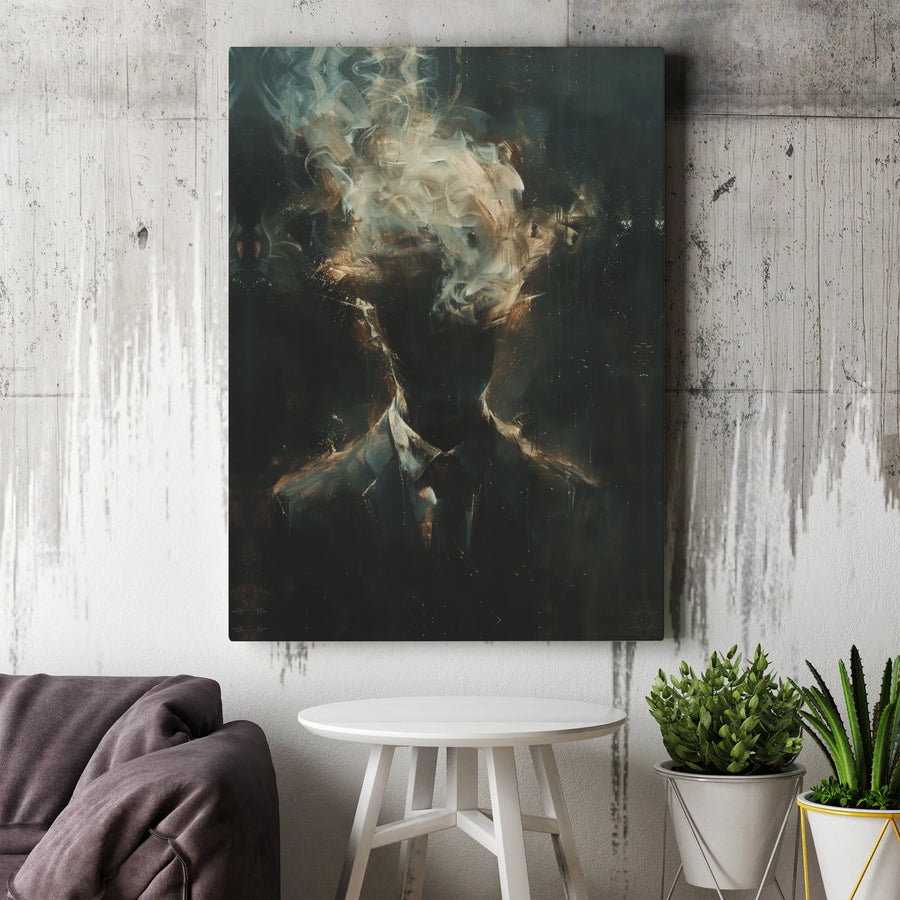 Surreal Smoking Man Canvas Wall Art | Dark Abstract Silhouette Portrait | Gallery Quality 1.25 Inch Wrap | Modern Office Decor Gift