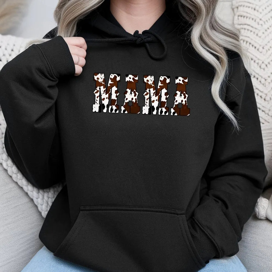 Mama Hoodie | Cow Print Western Varsity Text | Premium Soft Cotton Blend | Trendy Mother's Day 2026 Gift for Women