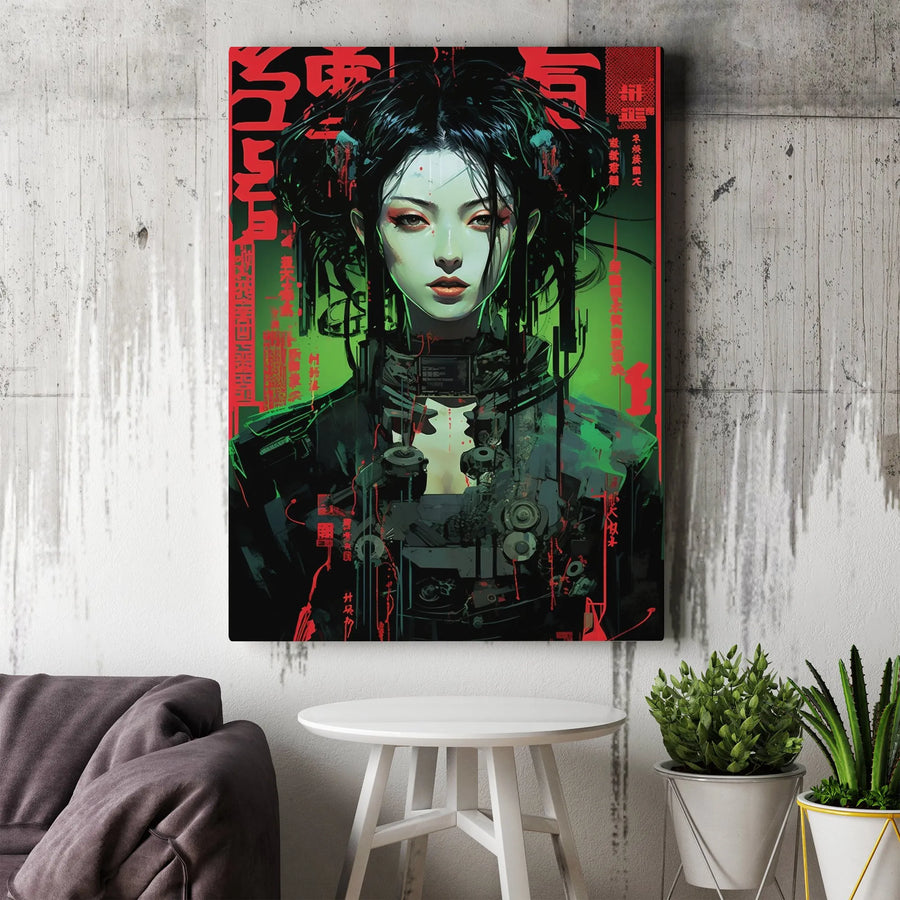 Cyberpunk Geisha Wall Art | Futuristic Cyborg Woman Portrait | Premium 1.25-Inch Gallery Wrapped Canvas | Edgy Home & Office Decor Gift