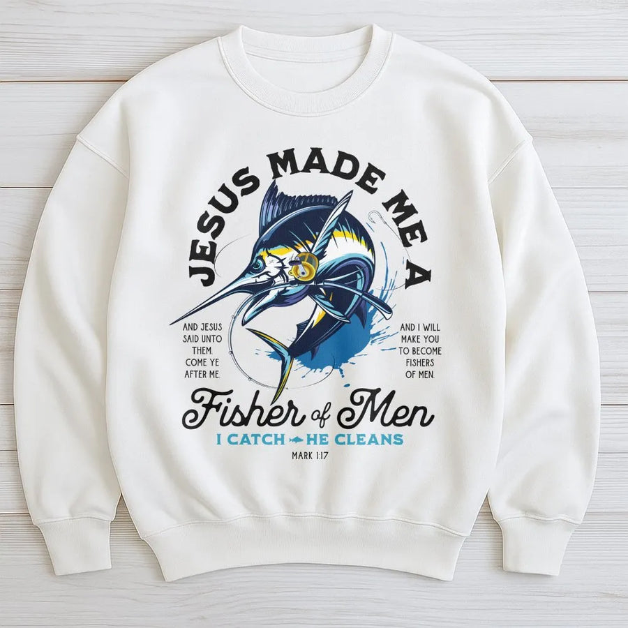 Fisher of Men Sweatshirt | Marlin Fish Bible Verse Graphic | Premium Cotton | Christian Fisherman Gift