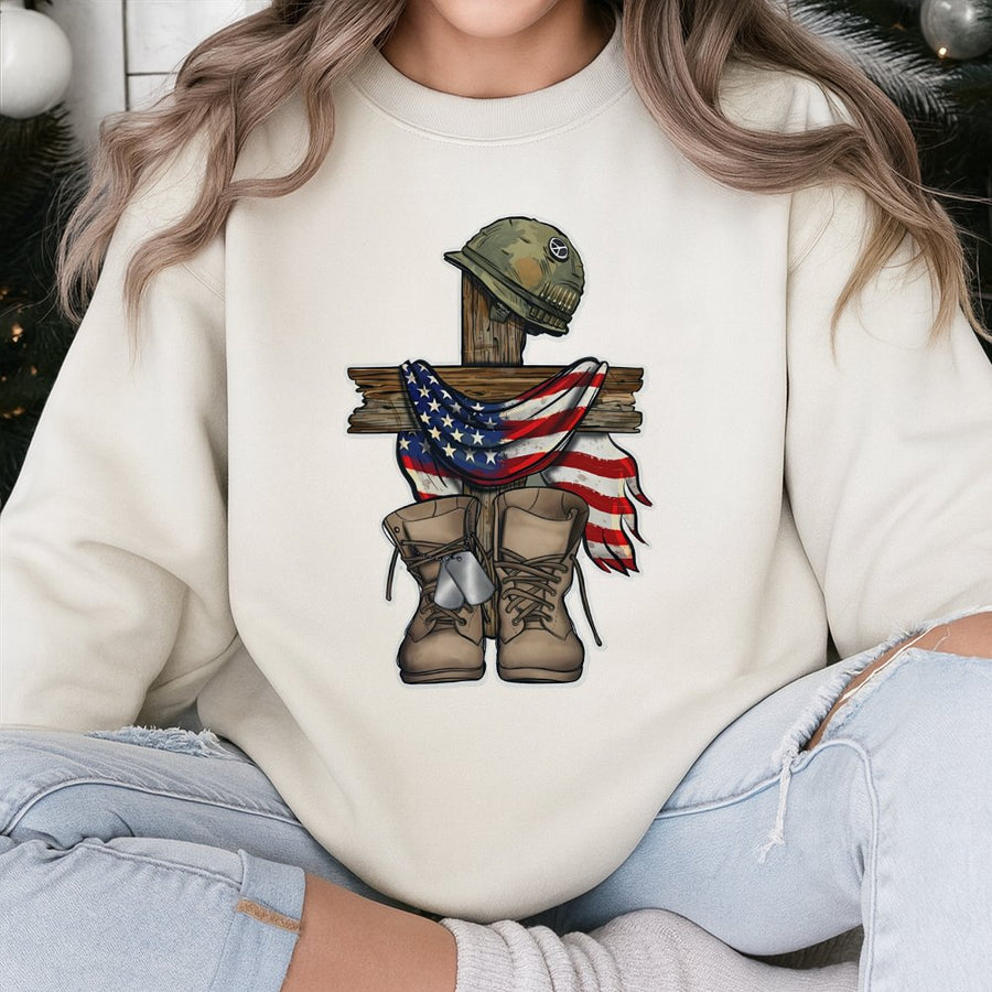 Veterans Day Sweatshirt | Patriotic Military Memorial Cross & Boots | Premium Cotton Blend | Gift For Patriot Veteran Or Active Duty Soldier