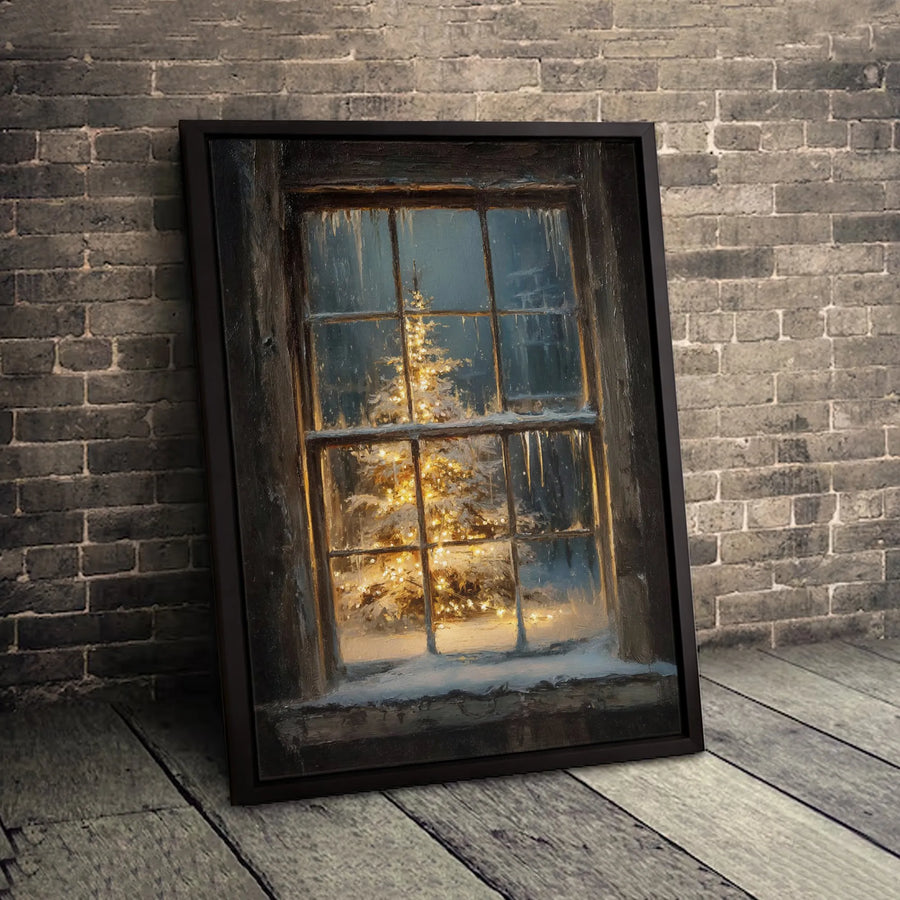Christmas Tree Wall Art | Snowy Rustic Window With Icicles | Premium Gallery Canvas Print | Festive Winter Home Decor Gift
