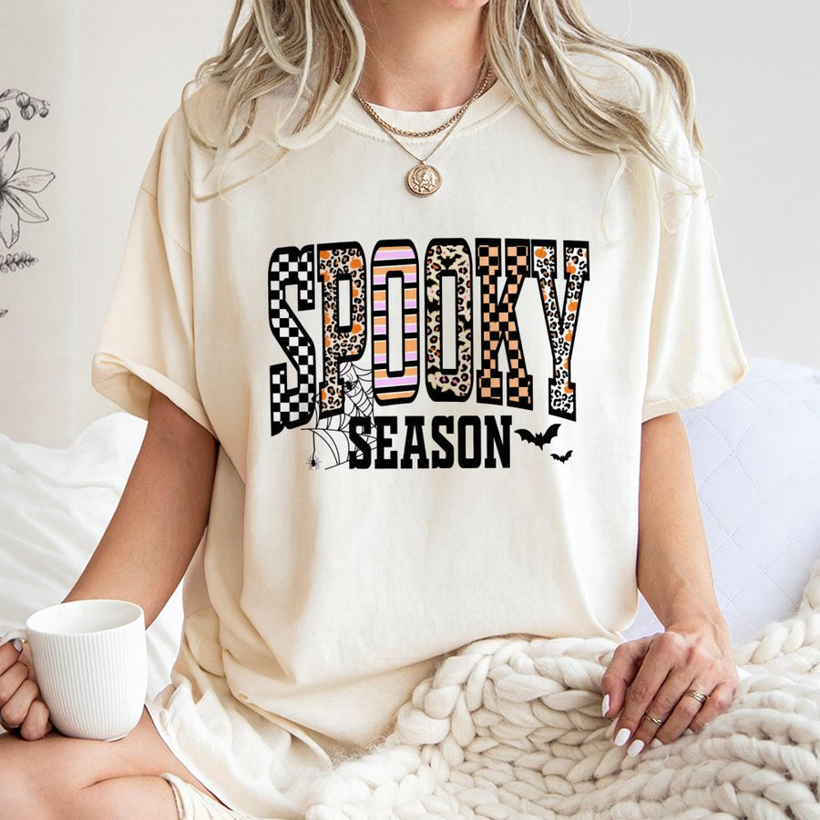 Spooky Season Halloween T-Shirt | Leopard Checkered Graphic Print | Premium Soft Cotton | Cute Fall Aesthetic Gift for Women