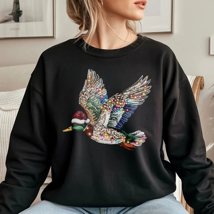 Mallard Duck Christmas Sweatshirt | Sparkling Rhinestone Santa Hat Graphic | Premium Cotton Blend | Festive Holiday Gift For Outdoor Lovers