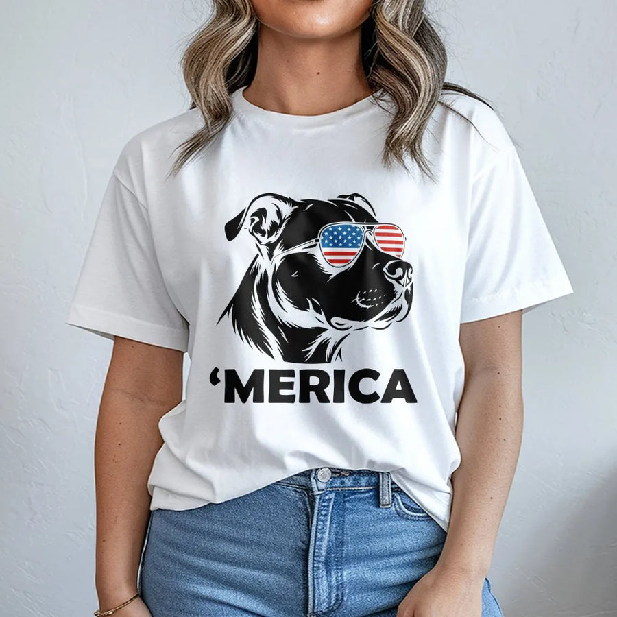 'Merica Pitbull Shirt | Funny Dog with American Flag Sunglasses | Premium Cotton Tee | 4th of July Gift for Dog Lover