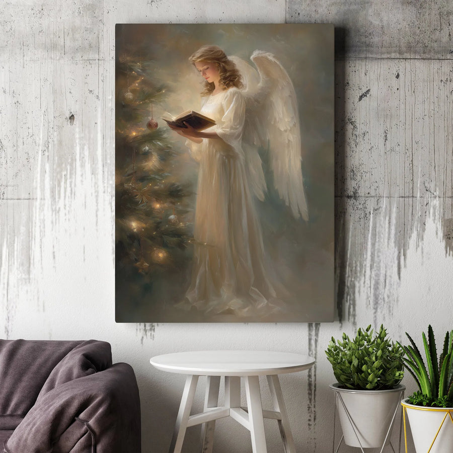 Angel Reading Near Christmas Tree Canvas | Religious Holiday Wall Art | Premium Fade-Resistant Print | Elegant Seasonal Home Decor Gift
