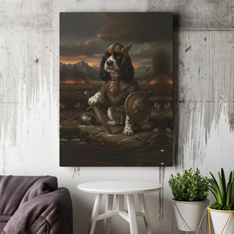 Cocker Spaniel Viking Canvas Art | Medieval Warrior Dog Battle Scene | Premium Gallery Wrap Wall Decor | Unique Gift for Dog Lovers