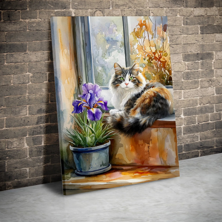 Calico Cat Canvas Wall Art | Watercolor Floral Window Scene | Premium Gallery Wrap Print | Gift For Cat Lovers