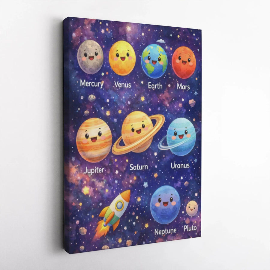 Solar System Planets Canvas Wall Art | Cute Cartoon Galaxy Illustration | Premium Thick Gallery Canvas | Educational Gift for Kids Room or Nursery Decor
