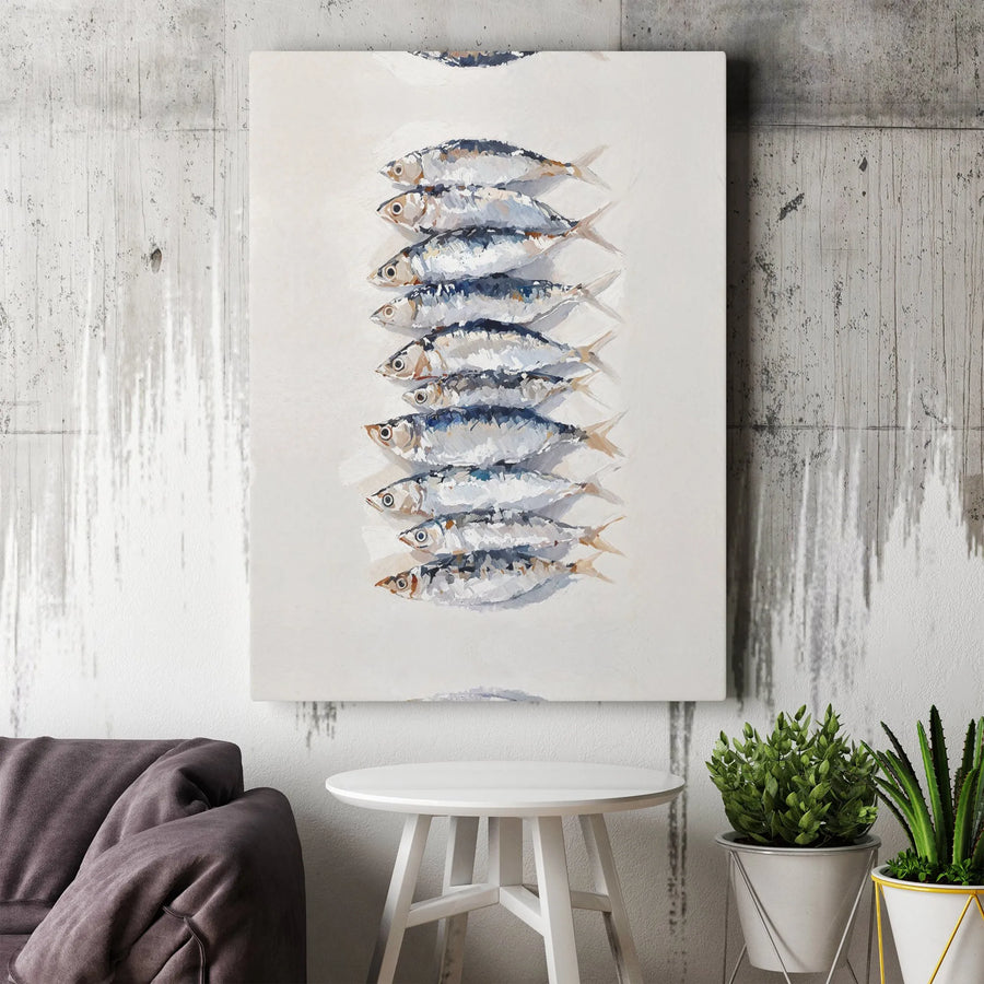 Sardine Painting Canvas Print | Modern Coastal Fish Art | Thick Gallery Wrap Canvas | Premium Kitchen & Dining Room Decor Gift