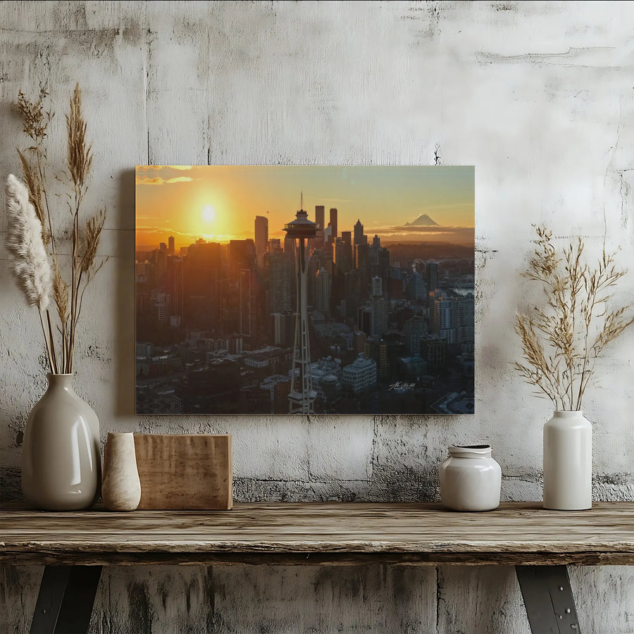 Seattle Skyline Canvas Wall Art | Space Needle & Mt Rainier Sunset Print | Premium Canvas Print | Pacific Northwest Home Decor Gift