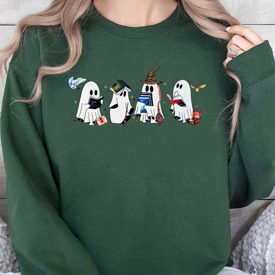 Wizard Ghost Sweatshirt | Bookish Magic Graphic Print | Premium Cotton Blend | Cozy Halloween Gift for Readers and Fantasy Fans