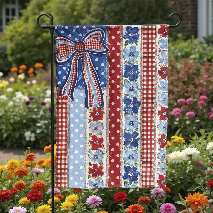 Patriotic Americana Garden Flag | Rustic Red White Blue Gingham Bow & Floral Stripes | Double-Sided Weather-Resistant Polyester | Outdoor Summer 4th of July Yard Decor Gift