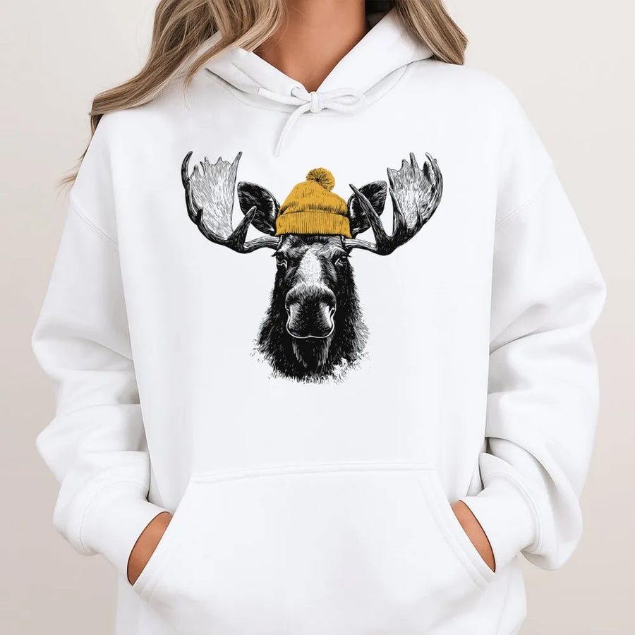 Moose Hoodie | Cute Bull Moose Wearing Beanie Graphic | Premium Soft Cotton Blend | Wildlife Lover Gift Unisex Christmas Sweatshirt