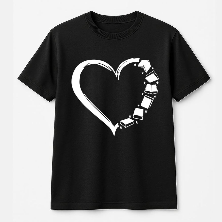 Book Lover T-Shirt | Heart Shaped Books Graphic | 100% Cotton Premium Tee | Reader Gift for Librarians and Literature Fans