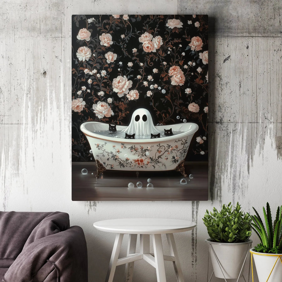Ghost in Bathtub Canvas Art | Whimsical Floral Victorian Gothic Decor | Premium Fade-Resistant Print | Spooky Halloween Wall Art for Cat Lovers