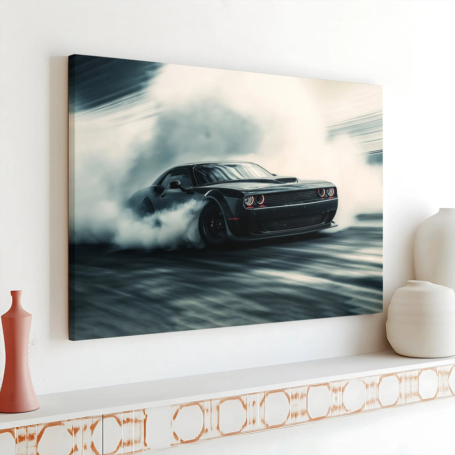 Muscle Car Canvas Wall Art | Black Sports Car Drifting in Smoke | Premium Gallery Wrap Print | Man Cave & Garage Home Decor Gift