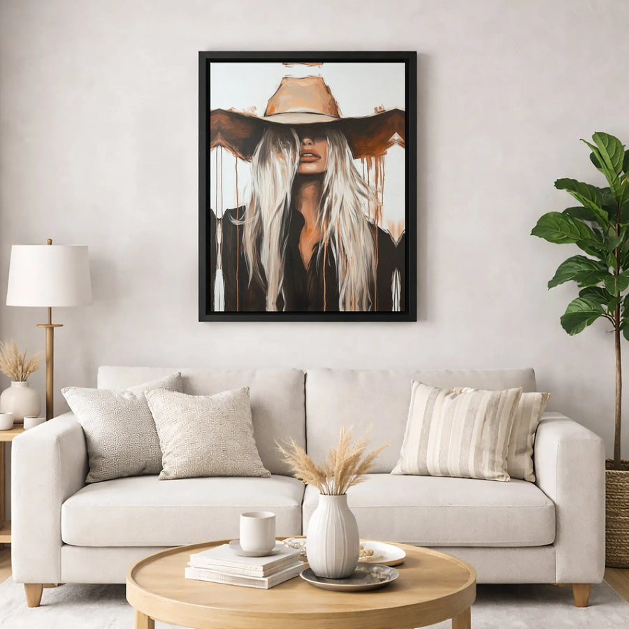 Cowgirl Canvas Wall Art | Abstract Blonde Woman In Cowboy Hat | Premium 1.25" Thick Gallery Wrap | Western Home Decor For Modern Living Room