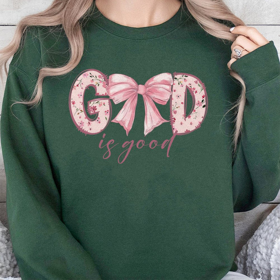 God Is Good Sweatshirt | Floral Bow Christian Graphic Print | Premium Cotton-Blend Crewneck | Faith-Based Religious Gift for Women