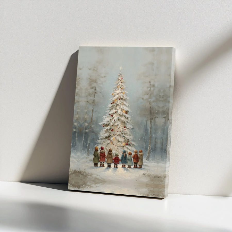 Vintage Christmas Tree Canvas Print | Children in Snow Painting | Premium Gallery Wrap Wall Art | Nostalgic Holiday Home Decor Gift