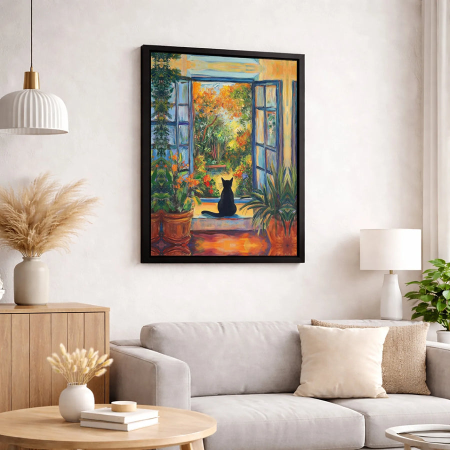 Black Cat Wall Art Canvas | Impressionist Garden Window View | Gallery Wrapped 1.25 Inch Profile | Premium Home Decor Gift for Cat Lovers