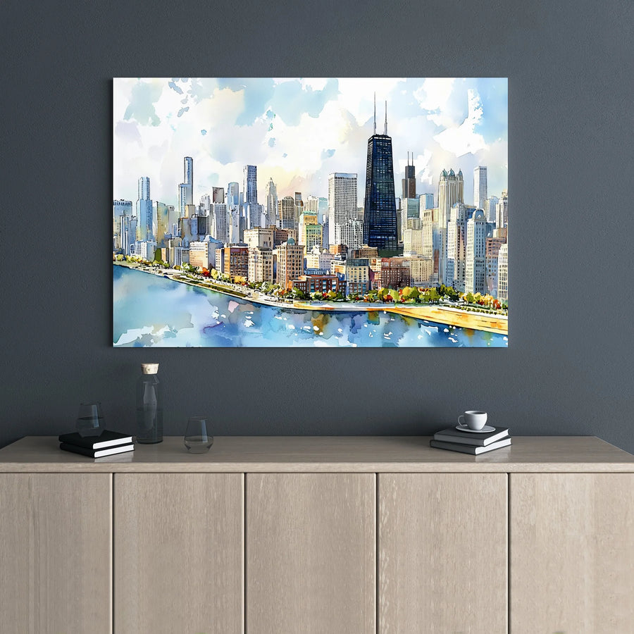 Chicago Skyline Canvas Print | Watercolor Cityscape Wall Art | 1.25 Inch Gallery Wrap | Premium Home Decor Gift for City Lovers