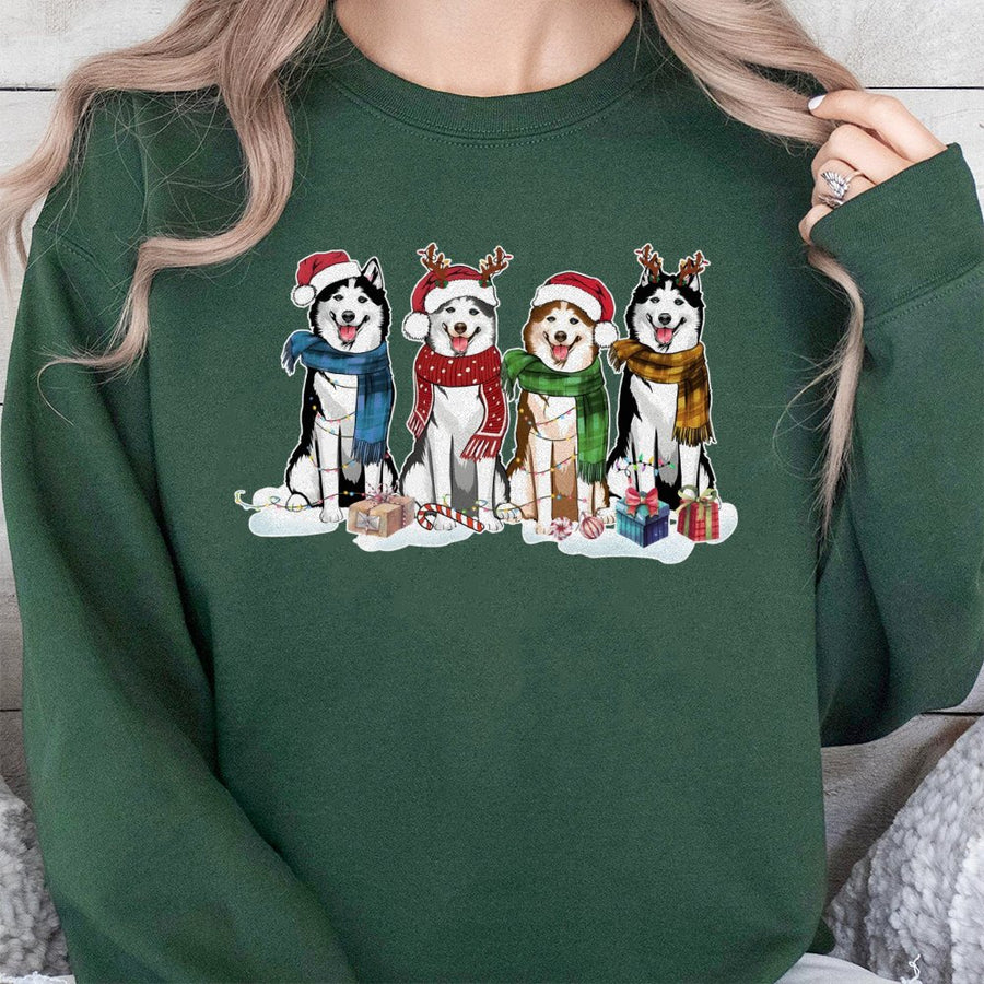 Husky Christmas Sweatshirt | Cute Festive Dogs Graphic | Soft Cotton Blend Crewneck | Holiday Gift For Dog Lovers & Husky Owners