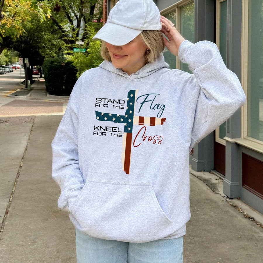 Stand For The Flag Kneel For The Cross Hoodie | Patriotic American Christian Graphic Sweatshirt | Premium Cotton-Blend | Gift For Believer