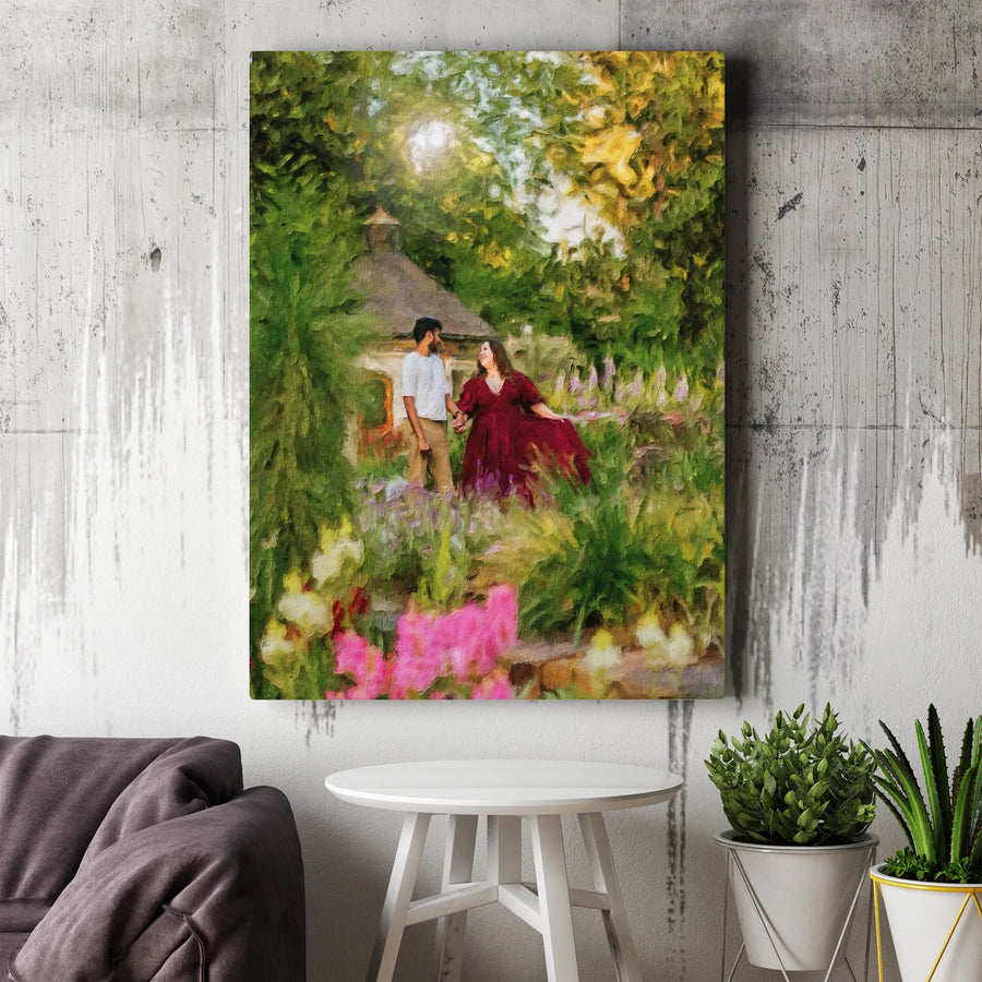 Romantic Couple Canvas Wall Art | Impressionist Garden Scene Print | Premium Gallery Wrapped Canvas | Anniversary Gift for Him or Her