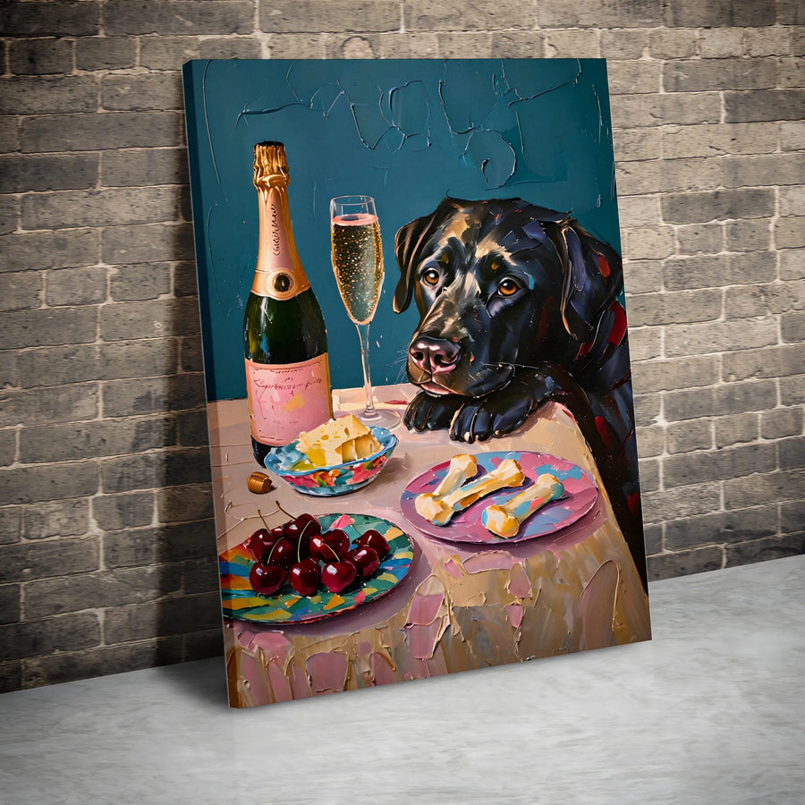 Black Labrador Canvas Wall Art | Whimsical Dog Dining With Champagne Painting | Premium Gallery Wrap Print | Unique Gift For Dog Lovers & Pet Owners