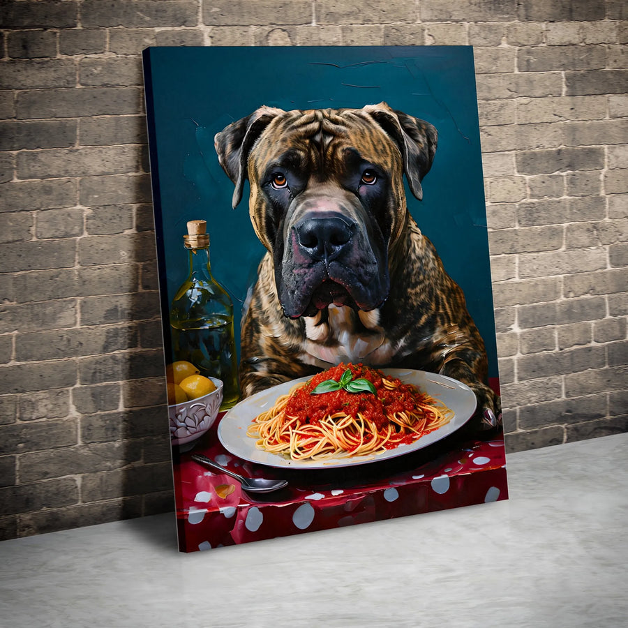 Cane Corso Wall Art | Funny Dog Eating Spaghetti Oil Painting Print | Premium Gallery Wrap Canvas | Unique Gift for Dog Lovers