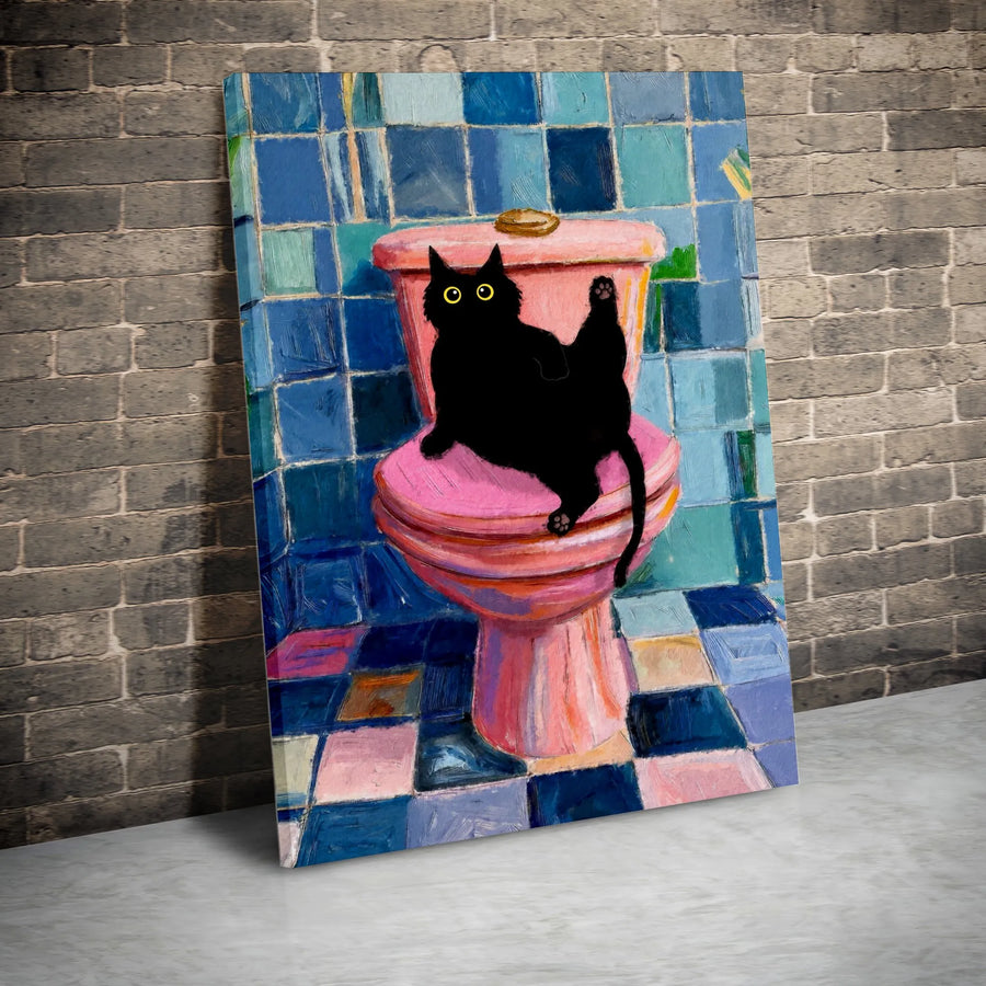 Funny Black Cat Canvas Wall Art | Cat on Toilet Painting Print | Premium Gallery Wrap | Unique Bathroom Decor Gift for Cat Lover