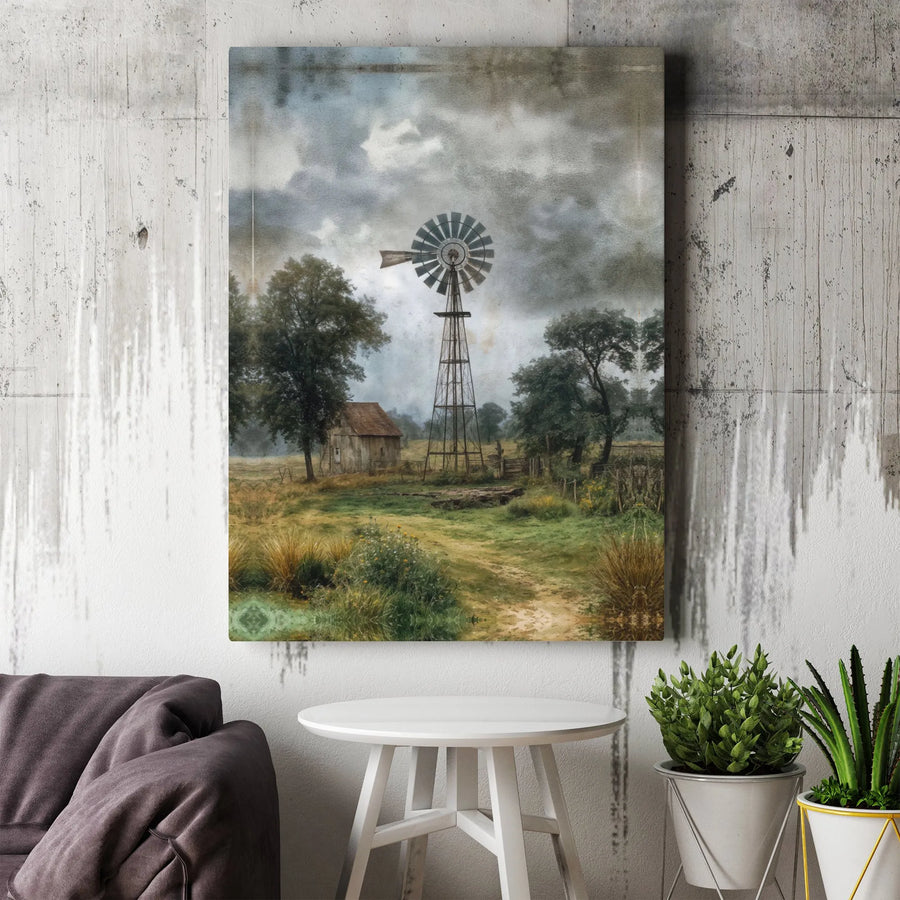 Rustic Windmill Canvas Print | Vintage Farmhouse Scene with Barn | Premium Gallery Wrapped Canvas Art | Country Home Living Room Wall Decor