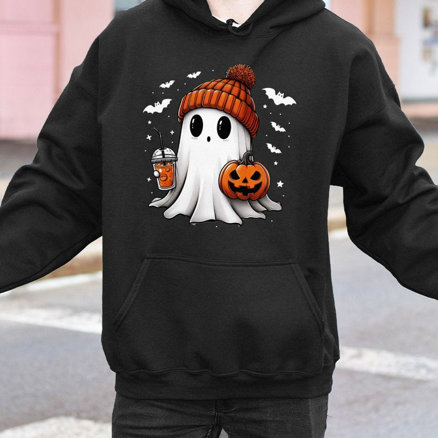 Cute Ghost Hoodie | Pumpkin Spice Latte Spooky Season Design | Cotton Blend Premium Pullover | Halloween Gift for Women and Men